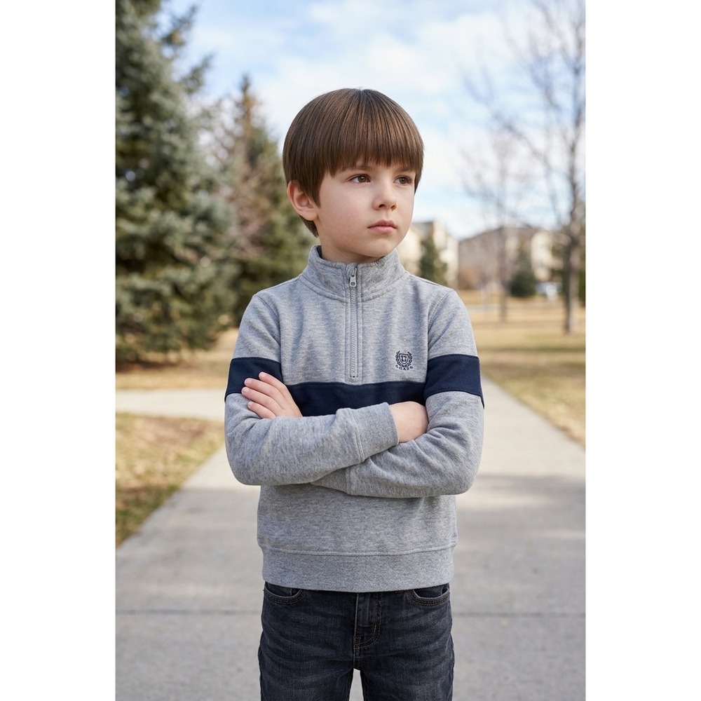 Chaps Boys Heather Gray Quarter Zip Striped Fleece Sweatshirt Size 6 Mock Neck